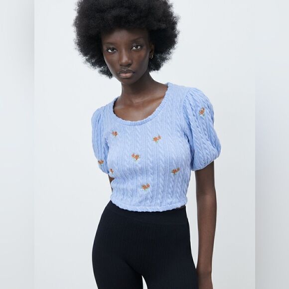 ZARA EMBROIDERED FLORAL CABLE KNIT TOP - Picture 5 of 13